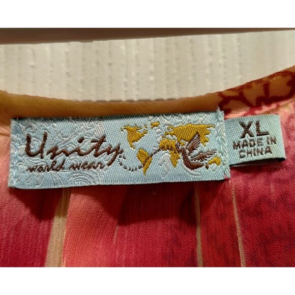 Unity World Wear Women Size XL Orange Pink Abstract Short Sleeve Mixed Print Top - Picture 6 of 7